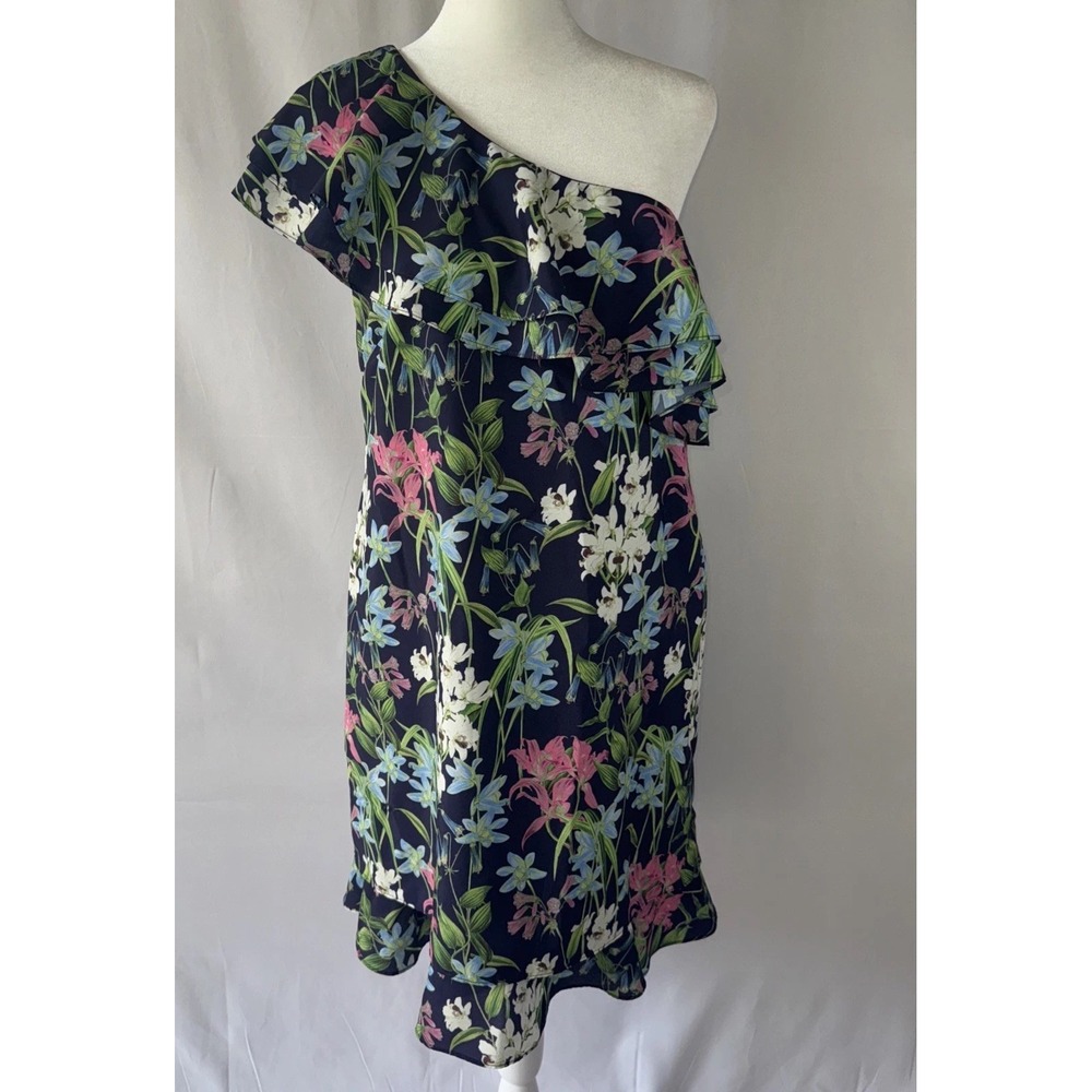 Chelsea28 Dress Women's Size 4 Blue Floral Print One Shoulder Ruffles Formal